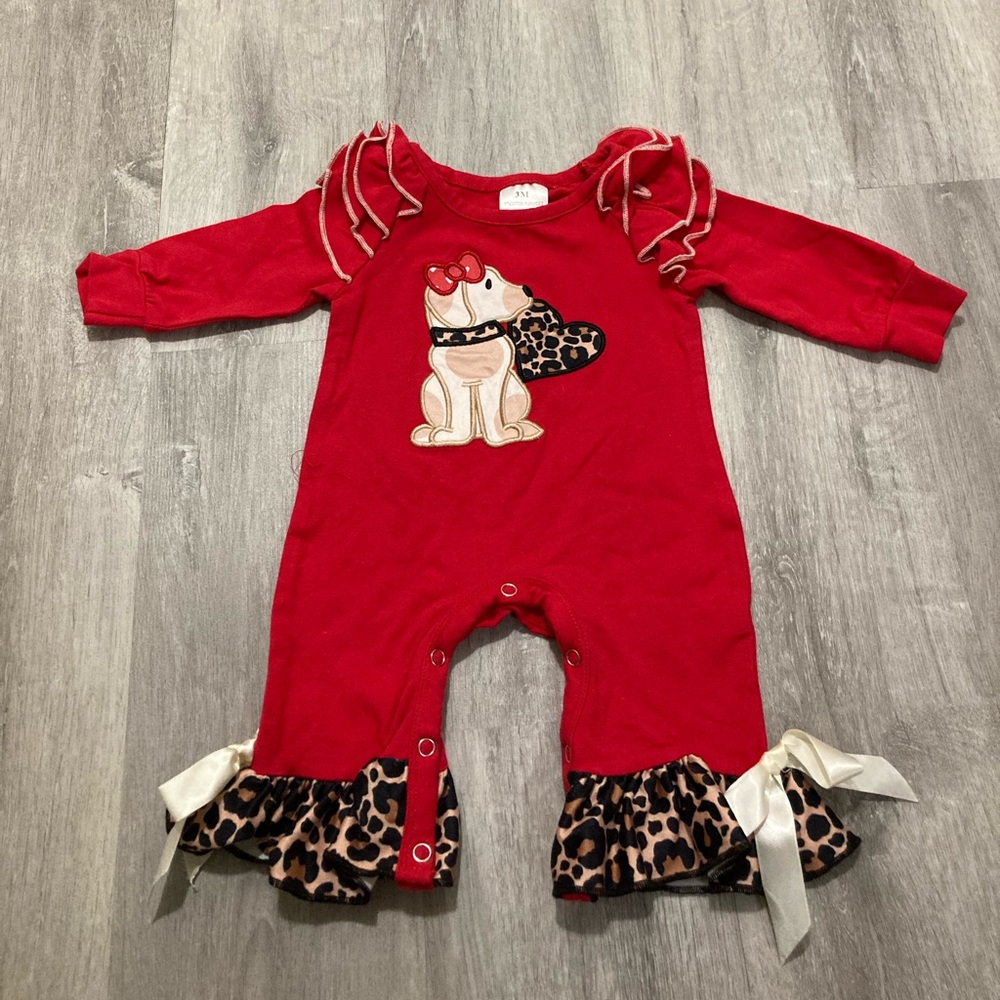 Puppy and Cheetah Leopard Print 3 Month Baby Long Sleeve Jumpsuit with Ruffles